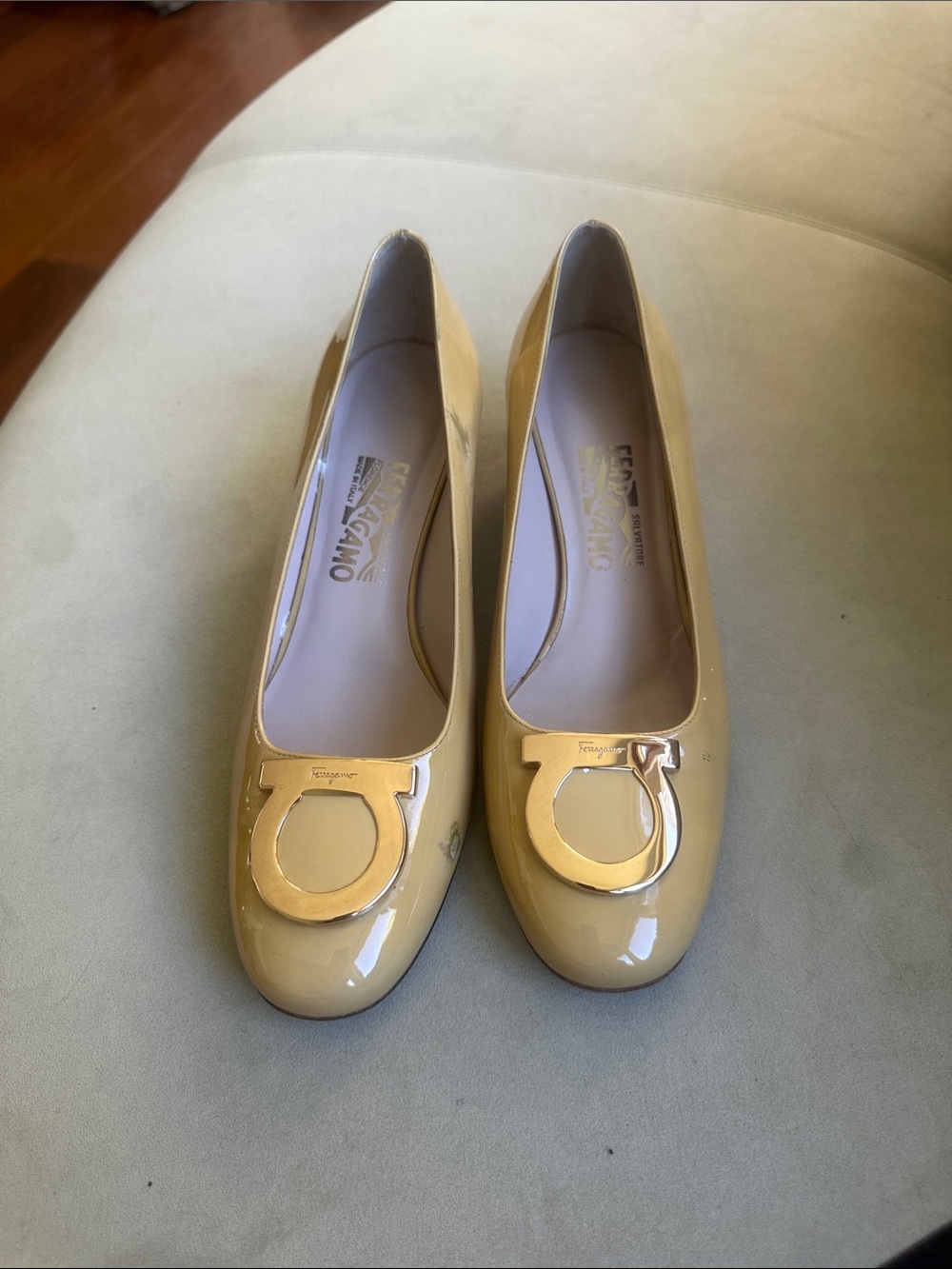 Salvatore Ferragamo Patent Leather Yellow Vara Round-Toe Flats